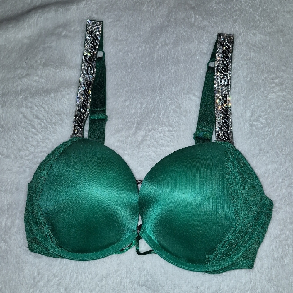 Victoria's Secret Emerald Bra with Lace and Rhinestone Straps